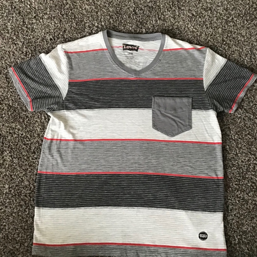 Levi’s Gray, White, and Red V- Neck w/ Pocket (L)